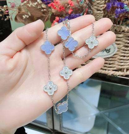 [Solara Jewelry]CLOVERS THE 10-MOTIFS CHALCEDONY DIAMONDS SILVER NECKLACE