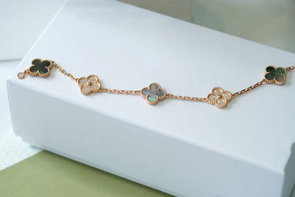 [Solara Jewelry]CLOVER 5 MOTIFS DARK MOP AND DIAMONDS PINK GOLD BRACELET