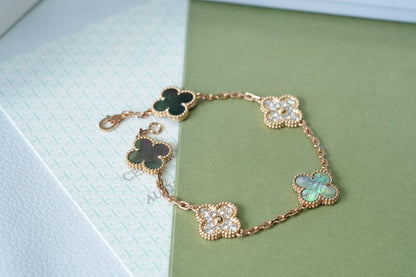 [Solara Jewelry]CLOVER 5 MOTIFS DARK MOP AND DIAMONDS PINK GOLD BRACELET
