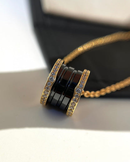 [Solara Jewelry]ZERO 1 BLACK CERAMIC DIAMOND PINK GOLD NECKLACE